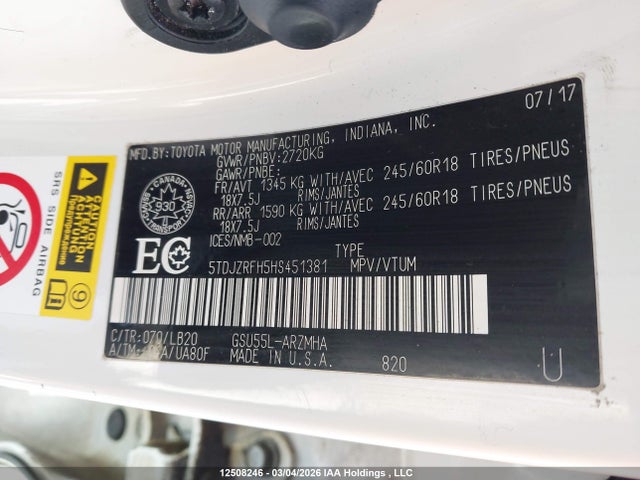 5TDJZRFH5HS451381 Toyota Highlander Se/xle