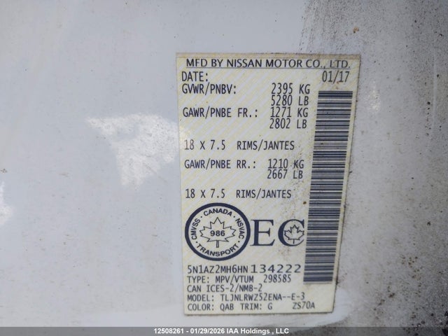 5N1AZ2MH6HN134222 Nissan Murano S/sl/sv/platinum