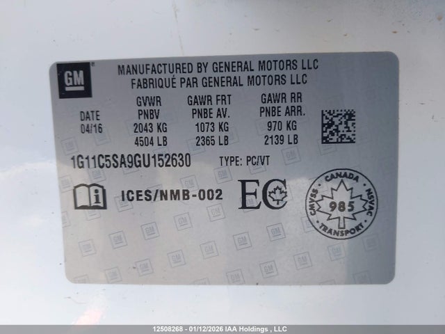 Aukcja sprzedaży 2016 Chevrolet Malibu Limited Lt, vin: 1G11C5SA9GU152630, numer aukcji: 12508268