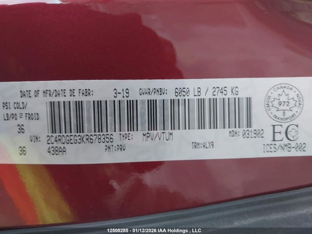 Продажа на аукционе авто 2019 Dodge Grand Caravan Gt, vin: 2C4RDGEG3KR678356, номер лота: 12508285