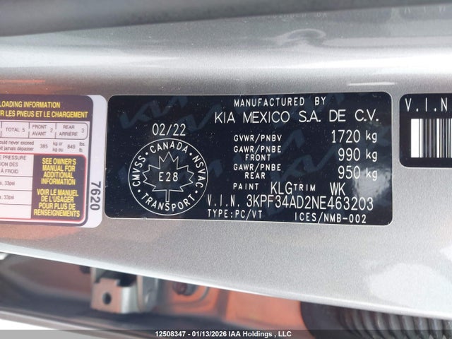Aukcja sprzedaży 2022 Kia Forte, vin: 3KPF34AD2NE463203, numer aukcji: 12508347
