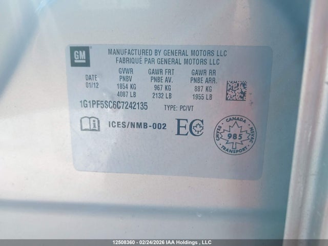 Продаж на аукціоні авто 2012 Chevrolet Cruze Lt Turbo, vin: 1G1PF5SC6C7242135, номер лоту: 12508360