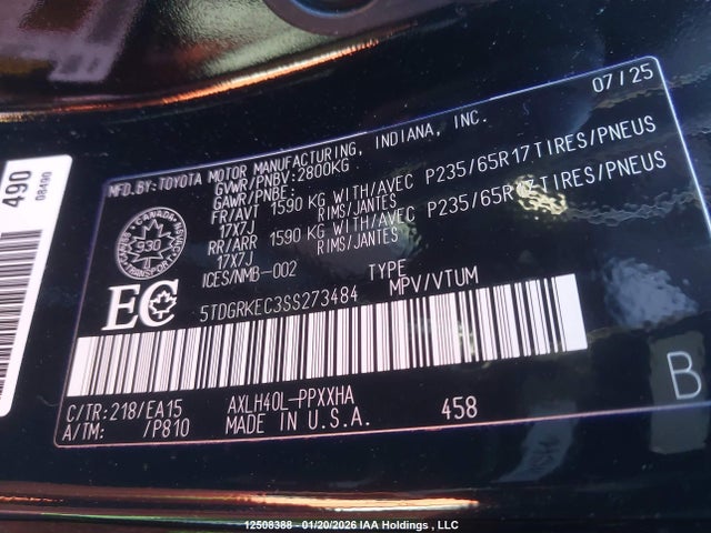 2025 Toyota Sienna Xle 8-passenger მანქანა იყიდება აუქციონზე, vin: 5TDGRKEC3SS273484, აუქციონის ნომერი: 12508388