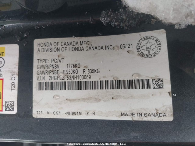 12508409 :رقم المزاد ، 2HGFE2F53NH103069 vin ، 2022 Honda Civic Sport مزاد بيع
