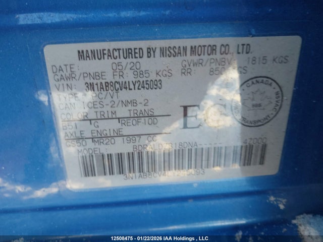 Aukcja sprzedaży 2020 Nissan Sentra Sv, vin: 3N1AB8CV4LY245093, numer aukcji: 12508475