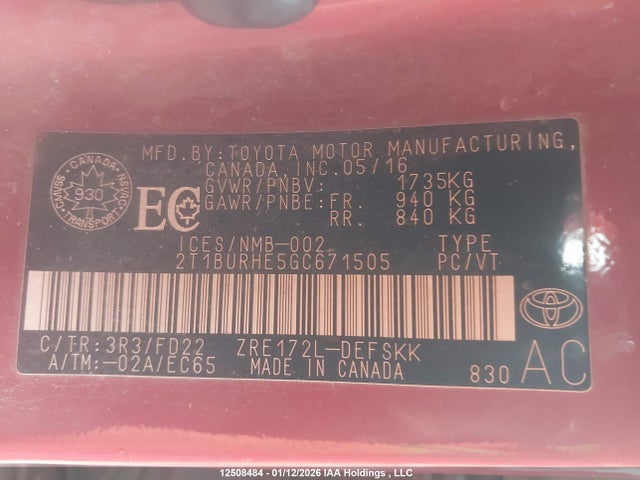 2T1BURHE5GC671505 Toyota Corolla L/le/le Pls/prm/s/s Pls