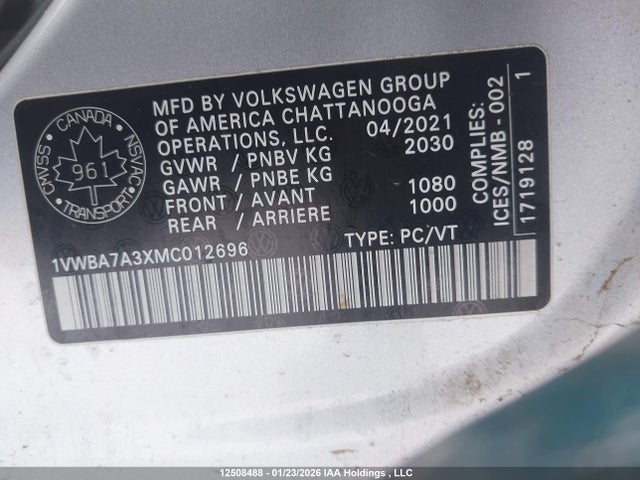 Продаж на аукціоні авто 2021 Volkswagen Passat Highline, vin: 1VWBA7A3XMC012696, номер лоту: 12508488