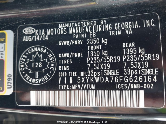 12508498 :رقم المزاد ، 5XYKWDA76FG626164 vin ، 2015 Kia Sorento مزاد بيع
