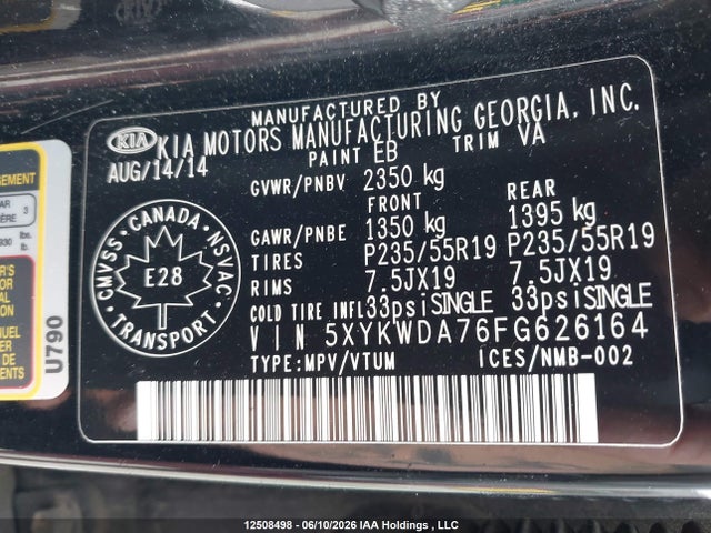 12508498 :رقم المزاد ، 5XYKWDA76FG626164 vin ، 2015 Kia Sorento مزاد بيع