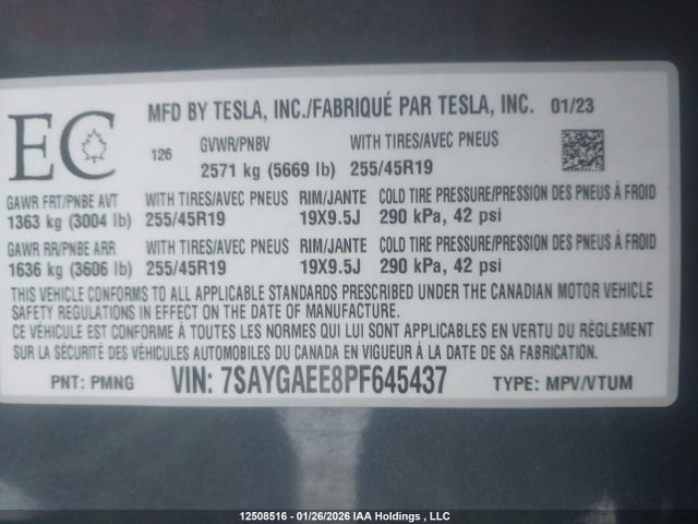 7SAYGAEE8PF645437 Tesla Model Y