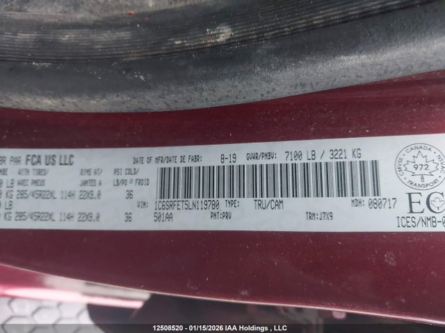 12508520 :رقم المزاد ، 1C6SRFET5LN119780 vin ، 2020 Ram 1500 Rebel مزاد بيع