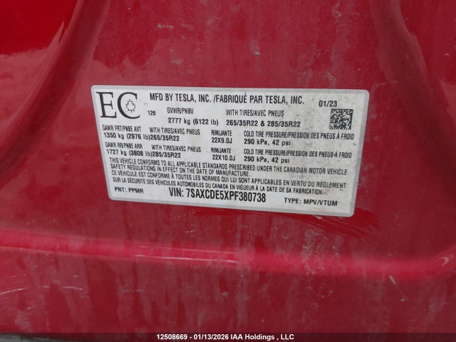7SAXCDE5XPF380738 Tesla Model X Awd/standard Range