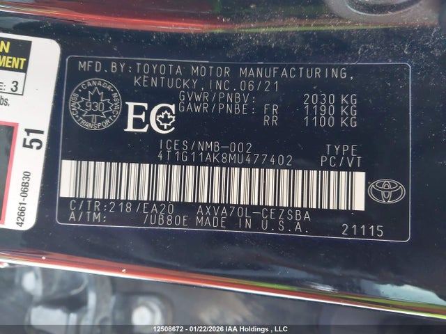 4T1G11AK8MU477402 Toyota CAMRY SE