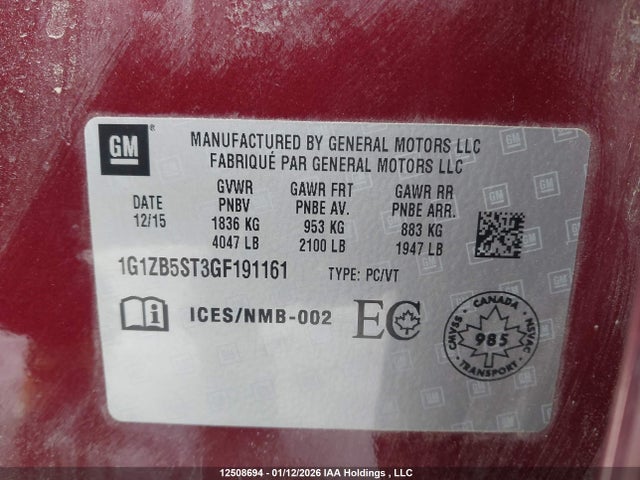 2016 Chevrolet Malibu მანქანა იყიდება აუქციონზე, vin: 1G1ZB5ST3GF191161, აუქციონის ნომერი: 12508694