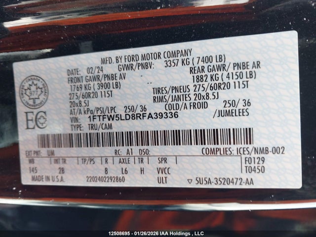 Продажа на аукционе авто 2024 Ford F-150 Lariat, vin: 1FTFW5LD8RFA39336, номер лота: 12508695