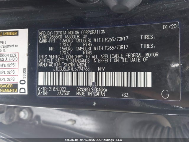 JTEBU5JR7L5794733 Toyota 4runner Sr5 Premium