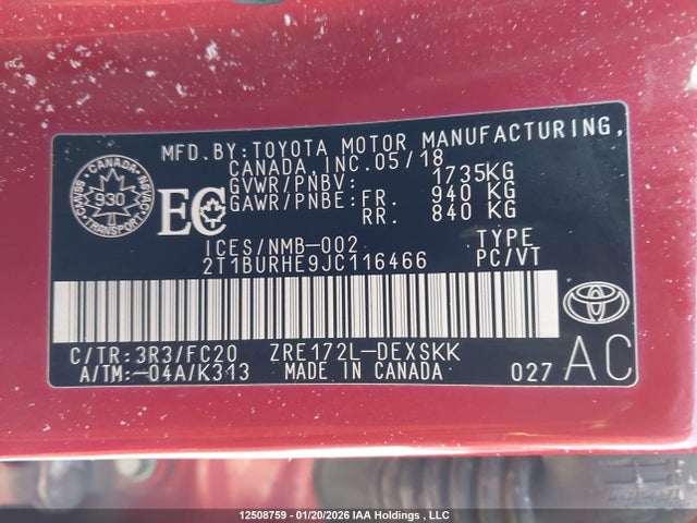 2T1BURHE9JC116466 Toyota COROLLA SE