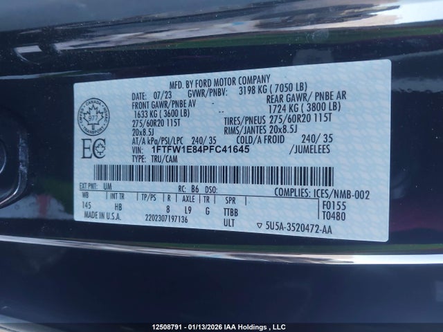 12508791 :رقم المزاد ، 1FTFW1E84PFC41645 vin ، 2023 Ford F-150 Lariat مزاد بيع