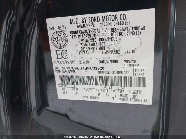 12508803 :رقم المزاد ، 1FMCU9EG7BKC32920 vin ، 2011 Ford Escape Limited مزاد بيع