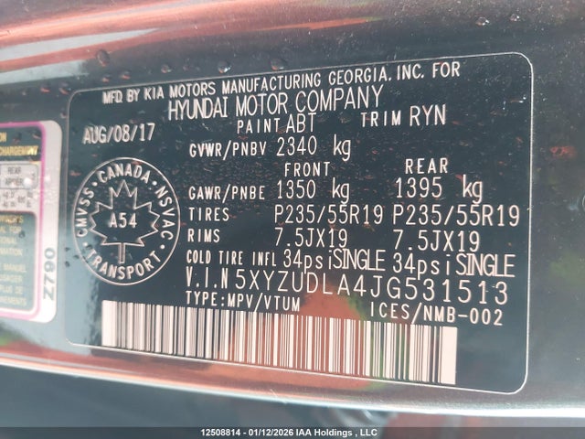 12508814 :رقم المزاد ، 5XYZUDLA4JG531513 vin ، 2018 Hyundai Santa Fe Sport 2.0t Se مزاد بيع