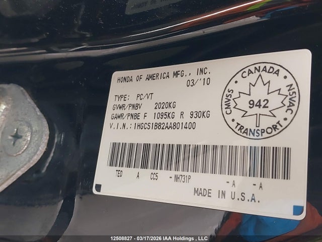 Продажа на аукционе авто 2010 Honda Accord, vin: 1HGCS1B82AA801400, номер лота: 12508827