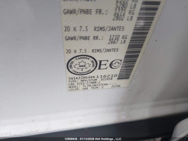 5N1AZ2MS4KN116210 Nissan Murano Platinum/sl/sv