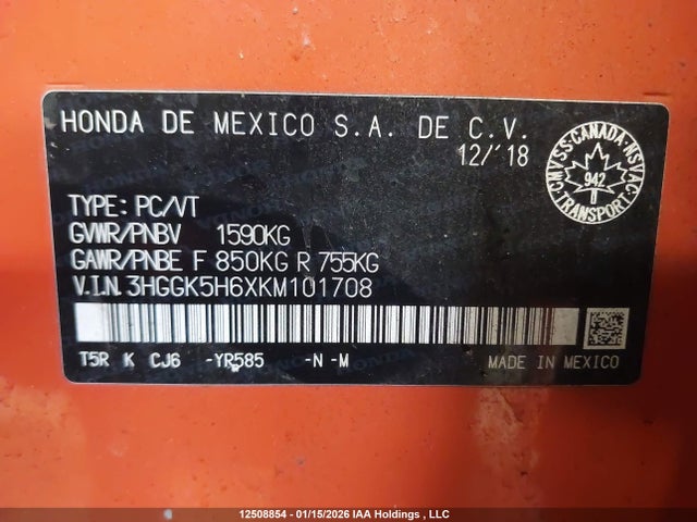 3HGGK5H6XKM101708 Honda Fit Sport