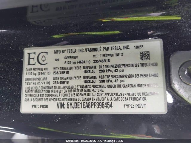 5YJ3E1EA8PF396454 Tesla MODEL 3