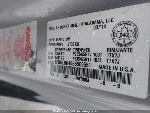 5FNRL5H40EB509551 Honda ODYSSEY EX
