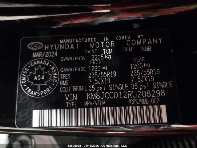 Продажа на аукционе авто 2024 Hyundai Tucson Sel Convenience, vin: KM8JCCD12RU208298, номер лота: 12508928