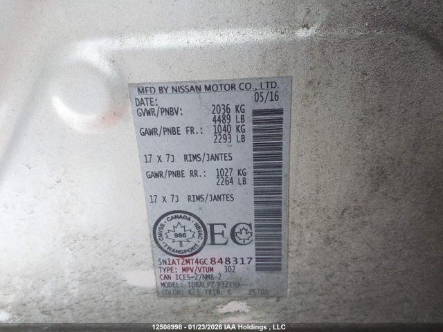 12508998 :رقم المزاد ، 5N1AT2MT4GC848317 vin ، 2016 Nissan Rogue S/sl/sv مزاد بيع