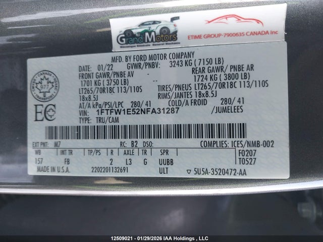 Продажа на аукционе авто 2022 Ford F150 Supercrew, vin: 1FTFW1E52NFA31287, номер лота: 12509021