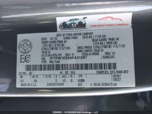 Продажа на аукционе авто 2022 Ford F150 Supercrew, vin: 1FTFW1E52NFA31287, номер лота: 12509021