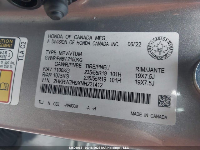 2HKRW2H9XNH221412 Honda Cr-v Touring