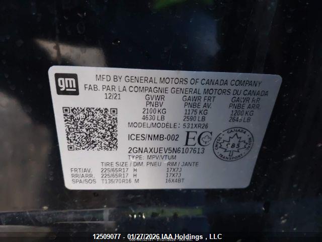 2022 Chevrolet Equinox Lt მანქანა იყიდება აუქციონზე, vin: 2GNAXUEV5N6107613, აუქციონის ნომერი: 12509077