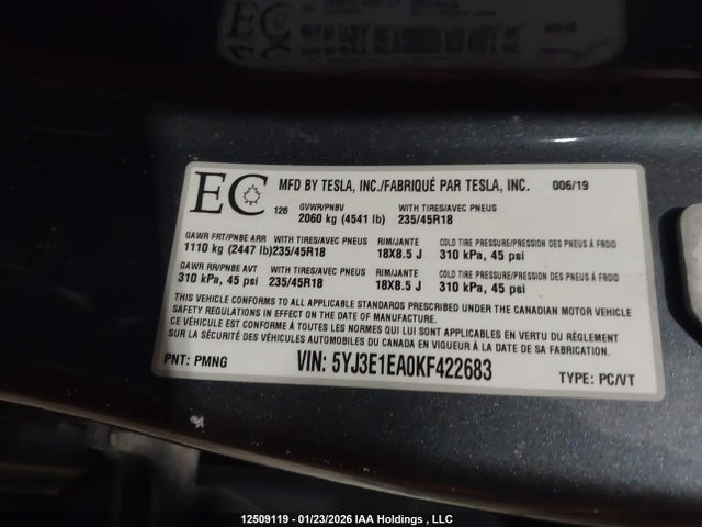 Tesla MODEL 3 2019 5YJ3E1EA0KF422683 Image 9