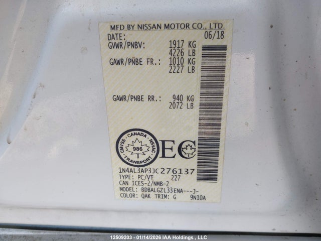 1N4AL3AP3JC276137 Nissan Altima 2.5/s/sv/sl/sr