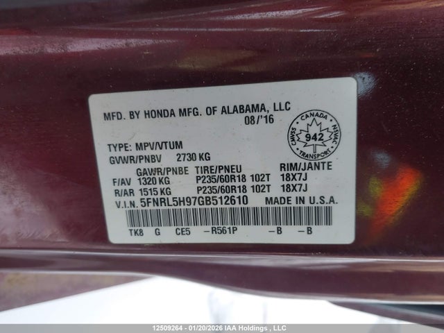 12509264 :رقم المزاد ، 5FNRL5H97GB512610 vin ، 2016 Honda Odyssey Touring مزاد بيع