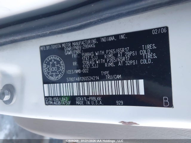12509269 :رقم المزاد ، 5TBDT48126S524214 vin ، 2006 Toyota Tundra Limited V8 مزاد بيع