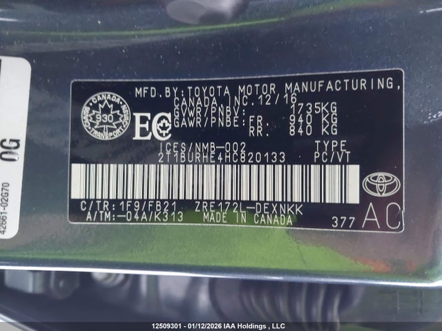 Продажа на аукционе авто 2017 Toyota Corolla L/le/xle/se/xse, vin: 2T1BURHE4HC820133, номер лота: 12509301