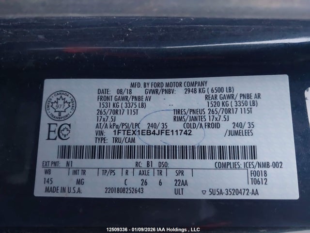 12509336 :رقم المزاد ، 1FTEX1EB4JFE11742 vin ، 2018 Ford F150 Super Cab مزاد بيع