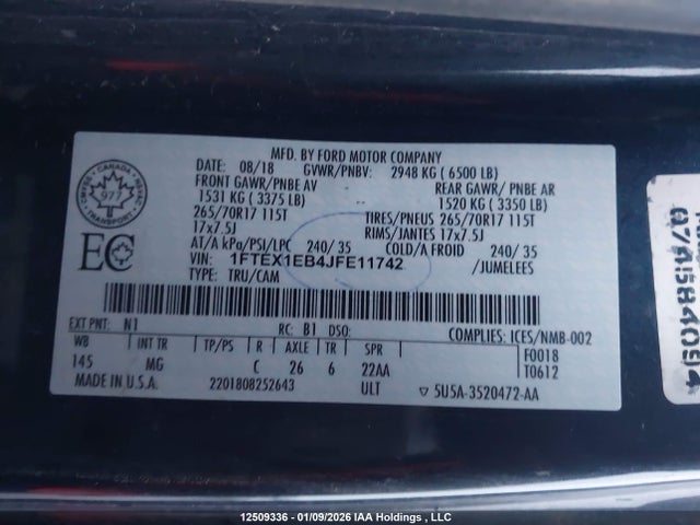 12509336 :رقم المزاد ، 1FTEX1EB4JFE11742 vin ، 2018 Ford F150 Super Cab مزاد بيع