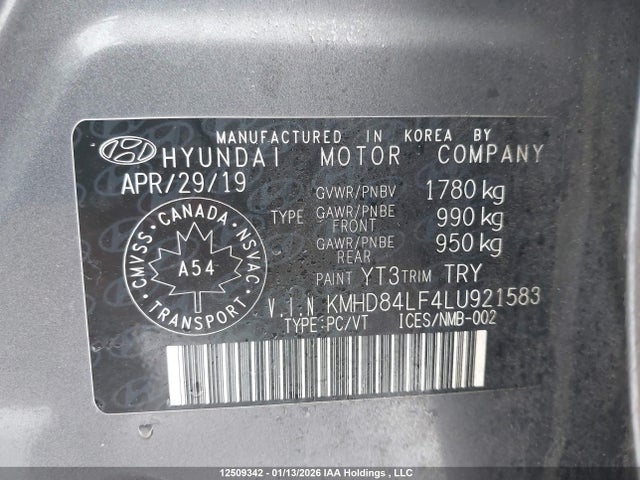 12509342 :رقم المزاد ، KMHD84LF4LU921583 vin ، 2020 Hyundai Elantra مزاد بيع