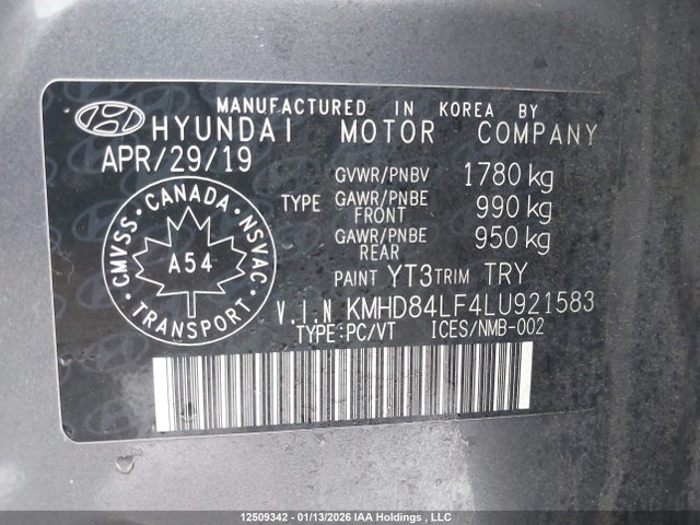 12509342 :رقم المزاد ، KMHD84LF4LU921583 vin ، 2020 Hyundai Elantra مزاد بيع