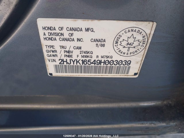 Aukcja sprzedaży 2009 Honda Ridgeline Ex-l/vp, vin: 2HJYK16549H003039, numer aukcji: 12509347