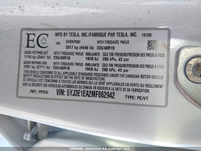 5YJ3E1EA2MF862942 Tesla Model 3 Standard Range/standard Range Plus