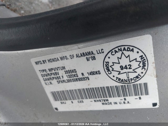 12509361 :رقم المزاد ، 5FNRL38659B500579 vin ، 2009 Honda Odyssey Exl مزاد بيع