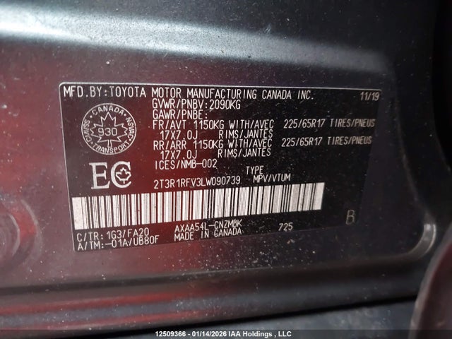 Aukcja sprzedaży 2020 Toyota Rav4, vin: 2T3R1RFV3LW090739, numer aukcji: 12509366