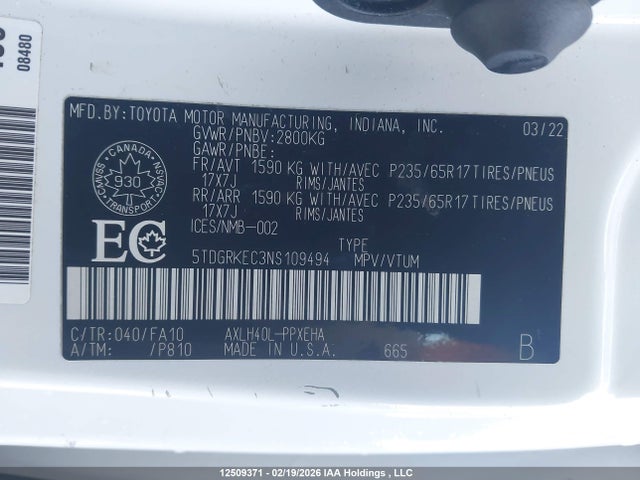 5TDGRKEC3NS109494 Toyota Sienna Le/xle/xse/limited/platinum