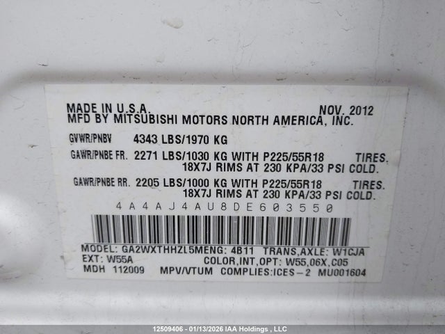 Продажа на аукционе авто 2013 Mitsubishi Rvr Gt, vin: 4A4AJ4AU8DE603550, номер лота: 12509406